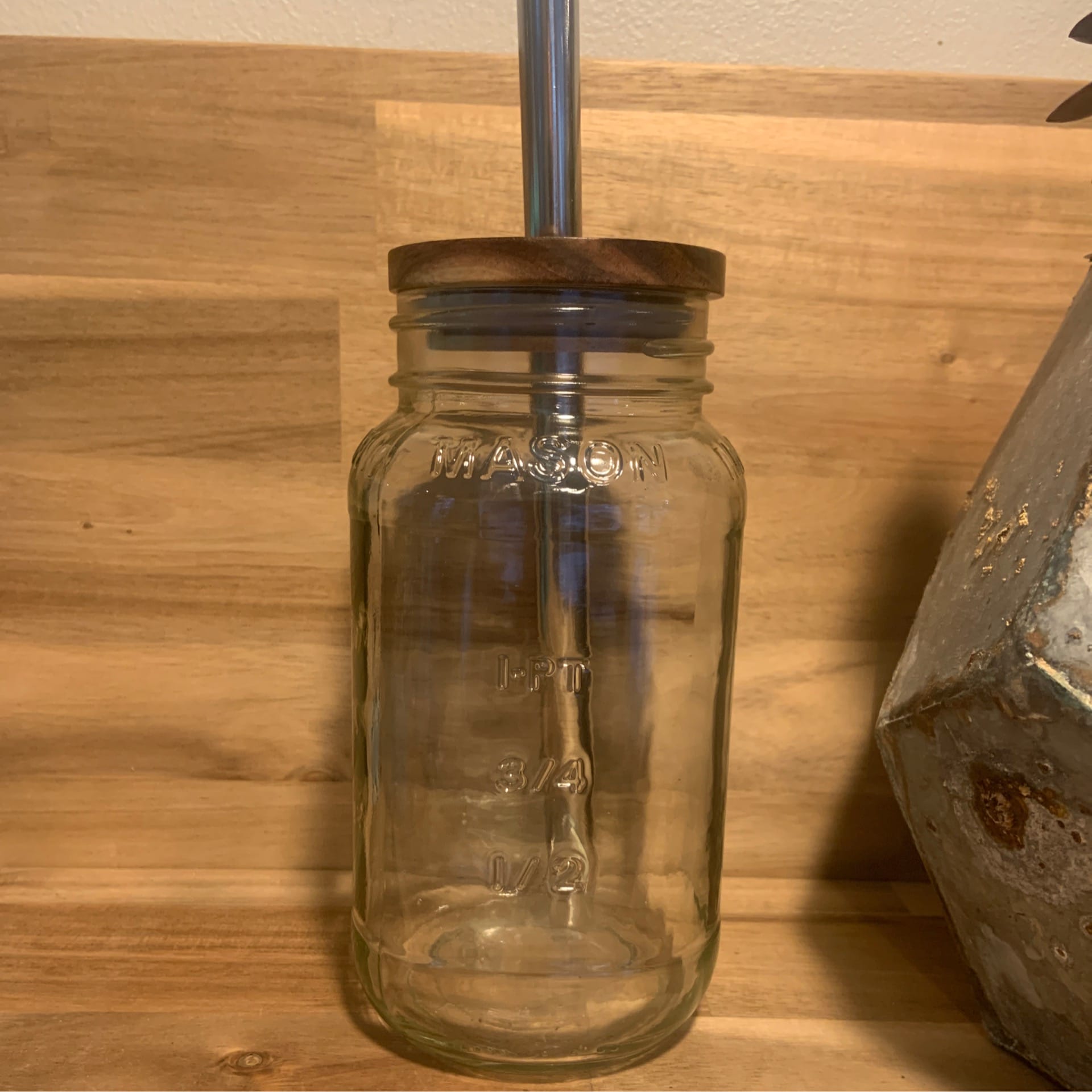 mason jar w acacia wood top straw